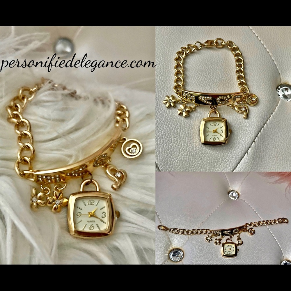 NEW Goldtone Love Inscribed Rhinestone Dangle Charm Fashion Watch O/S